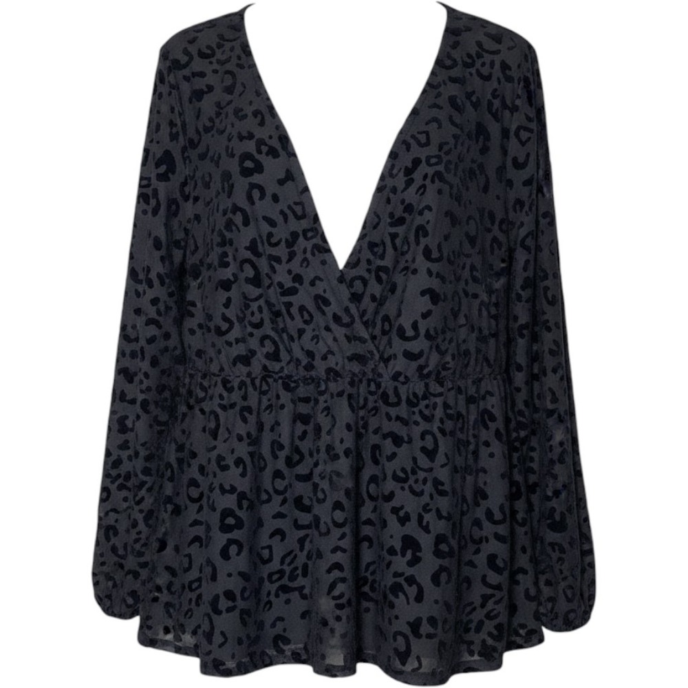 BloomChic‎ Burnout Leopard Print V-Neck Peplum Blouse Grey Black Plus Size 18-20